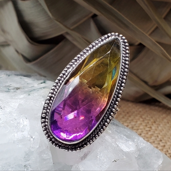 LARGE AMETRIN STONE  Rhodium/925 Silver Bohemian Ring Artisan Vintage Jewelry